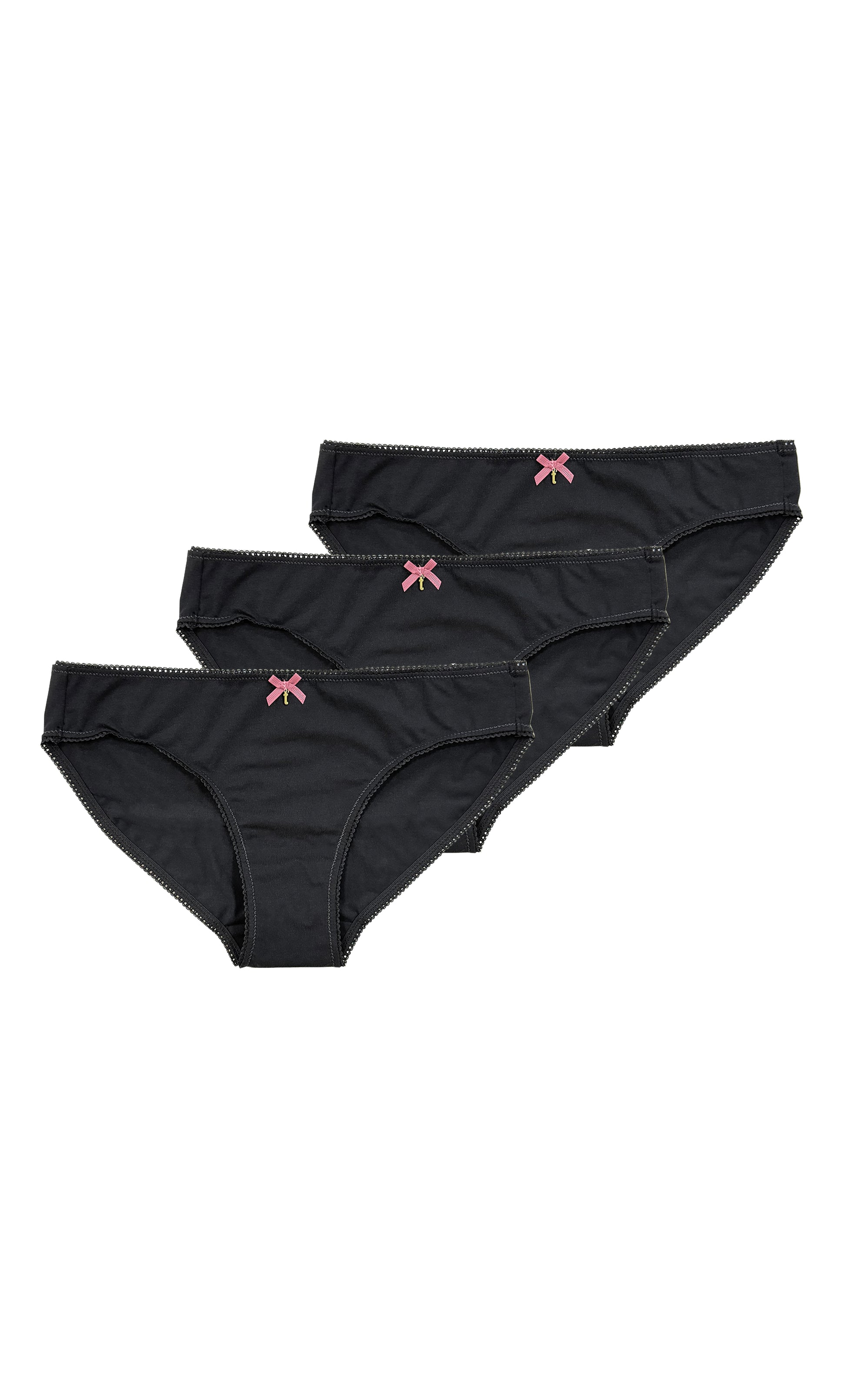Three-pack of organic cotton picot edge bikini briefs in black edition — GOTS-certified seamless everyday women's underwear with delicate scalloped trim by Teysha Australia, hypoallergenic and breathable