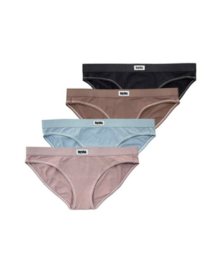 Four-pack of organic cotton hipster briefs in mixed colours — GOTS-certified women's hipster underwear with mid-rise full-coverage cut, breathable hypoallergenic everyday basics by Teysha Australia for sensitive skin