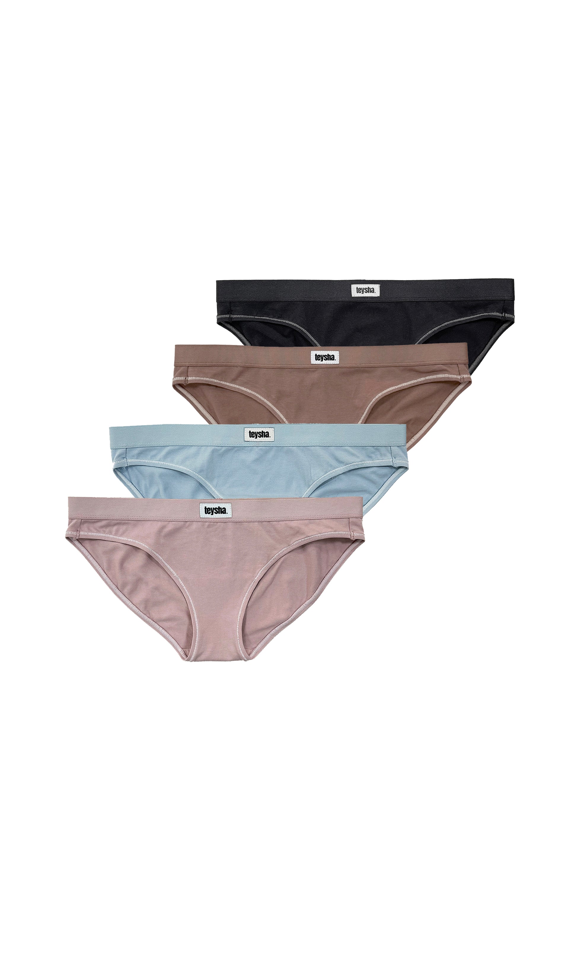 Four-pack of organic cotton hipster briefs in mixed colours — GOTS-certified women's hipster underwear with mid-rise full-coverage cut, breathable hypoallergenic everyday basics by Teysha Australia for sensitive skin