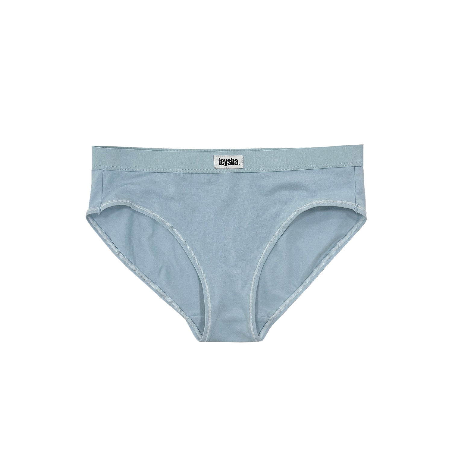 teysha organic cotton mid-rise bikini brief in dusty blue, flat lay front view
