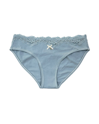 Organic cotton bikini brief with lace trim in dusty blue — GOTS-certified women's underwear with delicate lace waistband, breathable hypoallergenic everyday underwear by Teysha Australia for sensitive skin