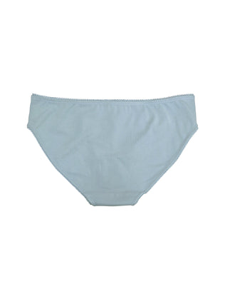 Teysha organic cotton picot edge bikini brief in dusty blue, back view — GOTS-certified soft underwear with delicate scalloped trim for tween girls