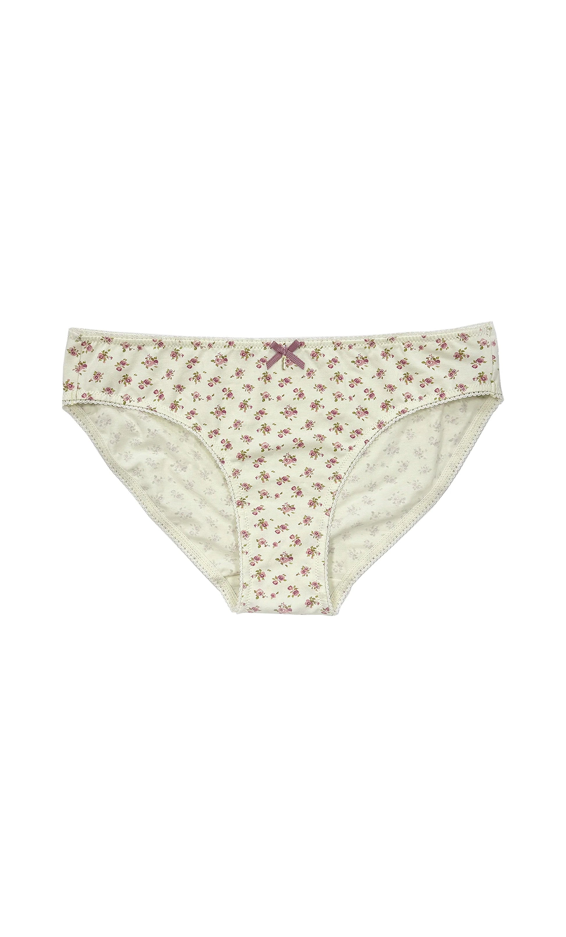 teysha organic cotton high-waist bikini brief in vintage rose floral print with bow detail, front view