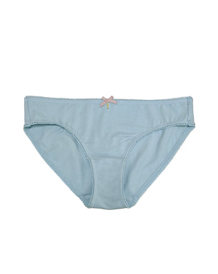 Teysha organic cotton picot edge bikini brief in dusty blue, front view — GOTS-certified soft underwear with delicate scalloped trim for tween girls