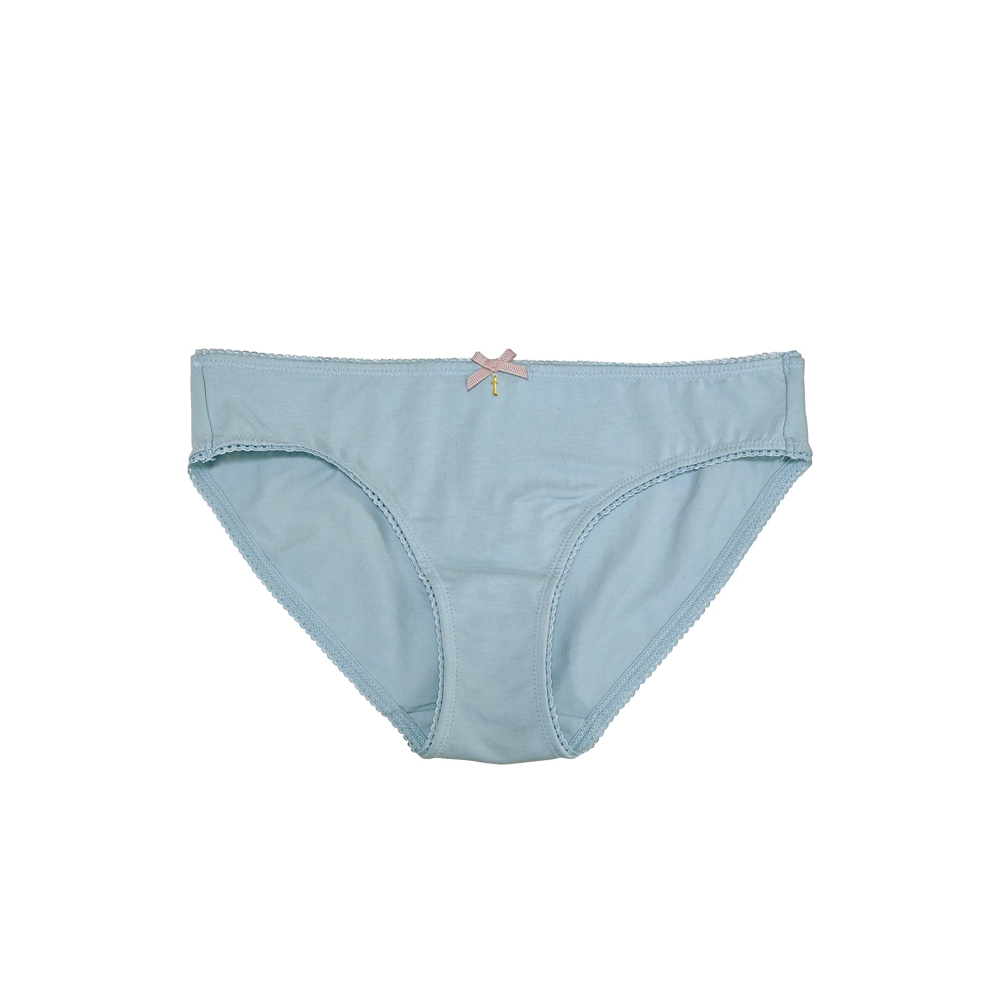 Teysha organic cotton picot edge bikini brief in dusty blue, front view — GOTS-certified soft underwear with delicate scalloped trim for tween girls