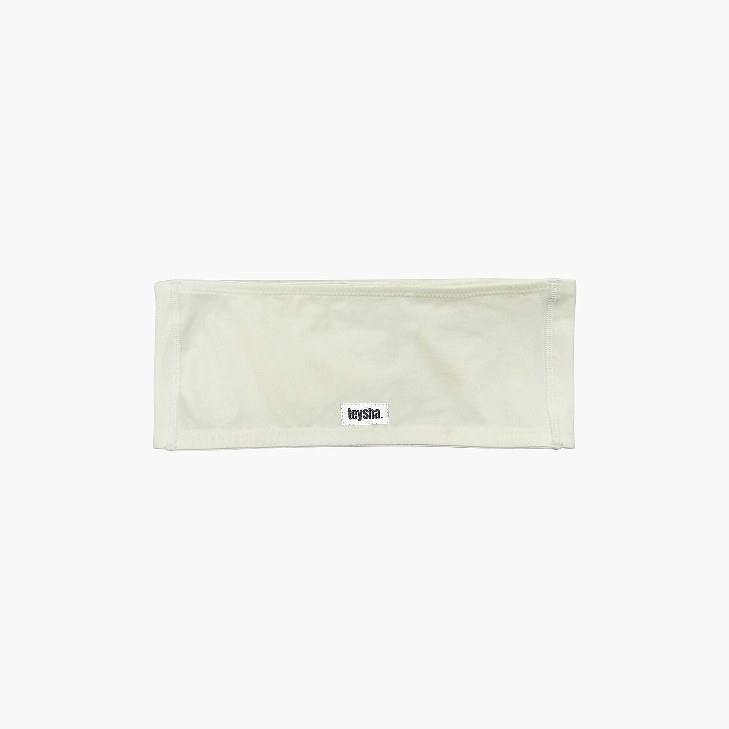 teysha organic cotton bandeau bra in off-white, flat lay back detail view showing teysha label