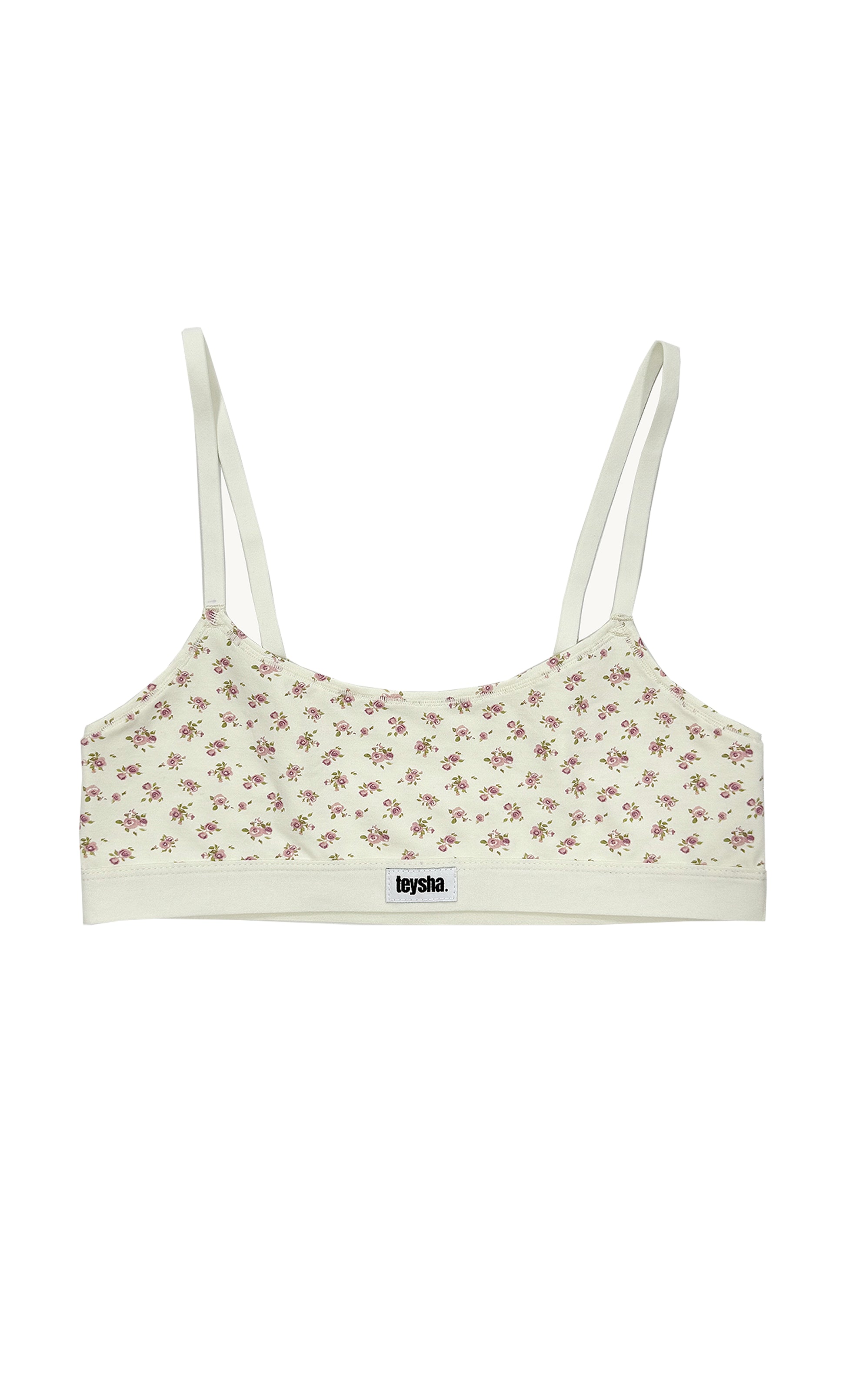 Teysha organic cotton crop top bra in vintage rose floral print, front view with Teysha logo band — wire-free, GOTS-certified first bra for tween girls