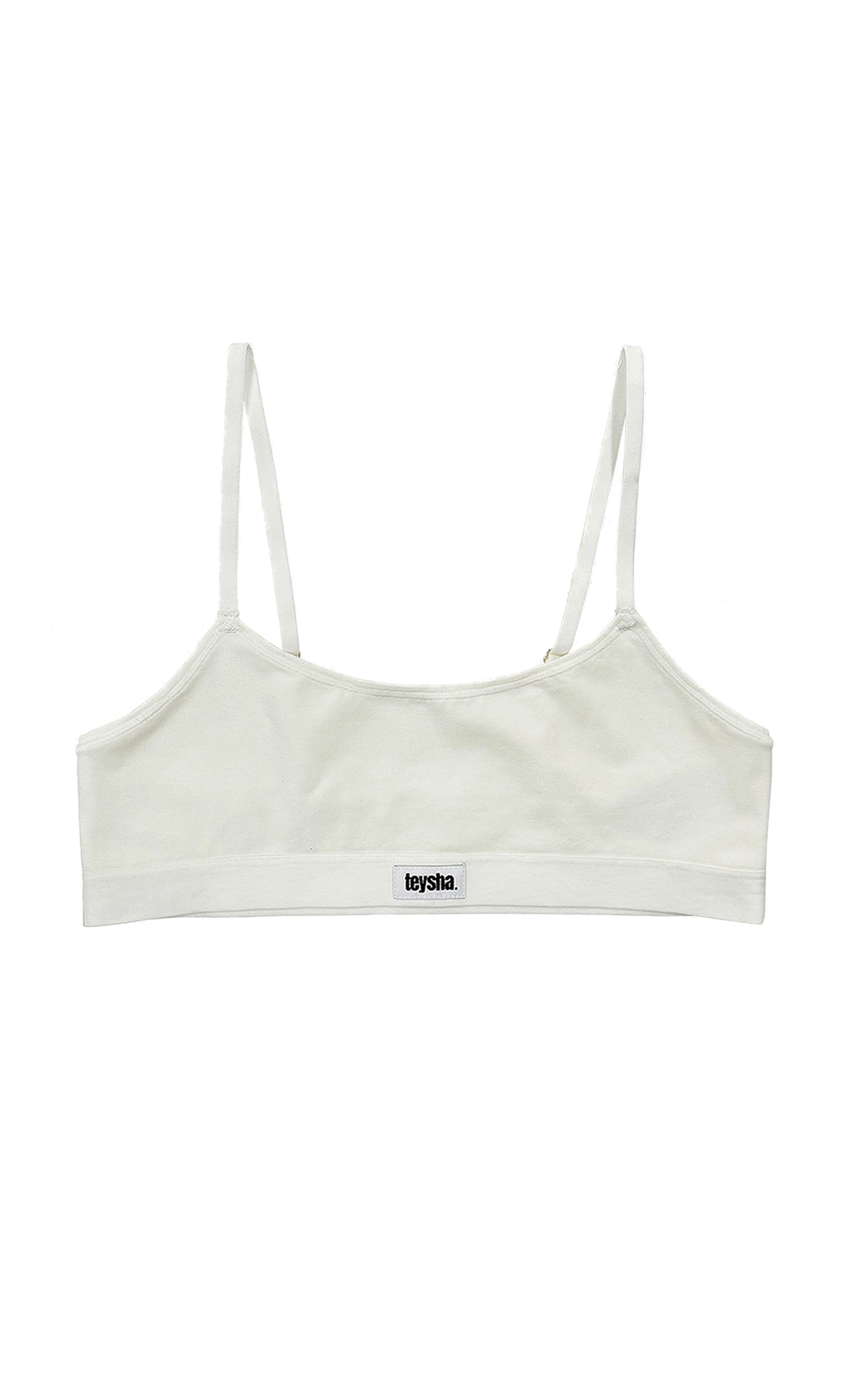 teysha organic cotton crop top bra in off-white, flat lay front view – first bra for tweens and teens