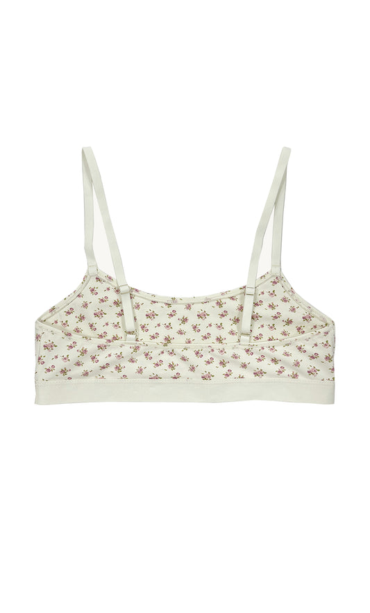 Teysha organic cotton crop top bra in vintage rose floral print, back view showing adjustable straps — wire-free, GOTS-certified first bra for tween girls