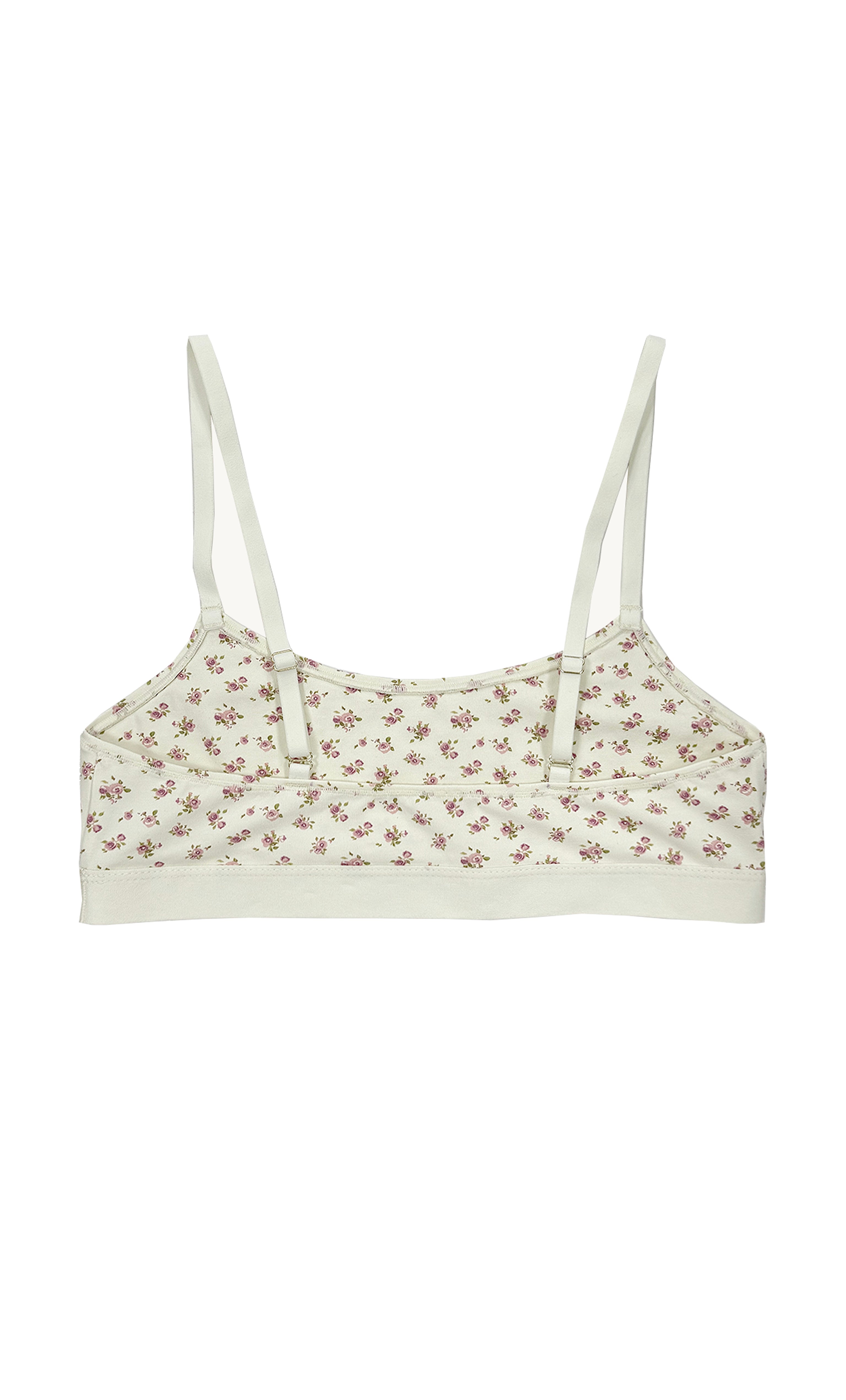 teysha organic cotton crop top training bra in vintage rose floral print, back view showing adjustable straps