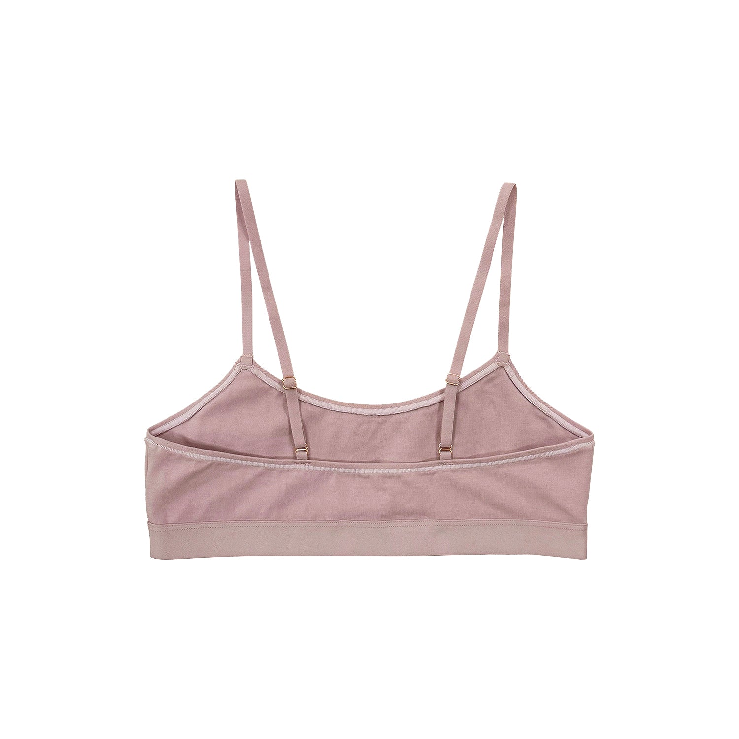 teysha organic cotton crop top bra in dusty pink, flat lay back view showing adjustable straps