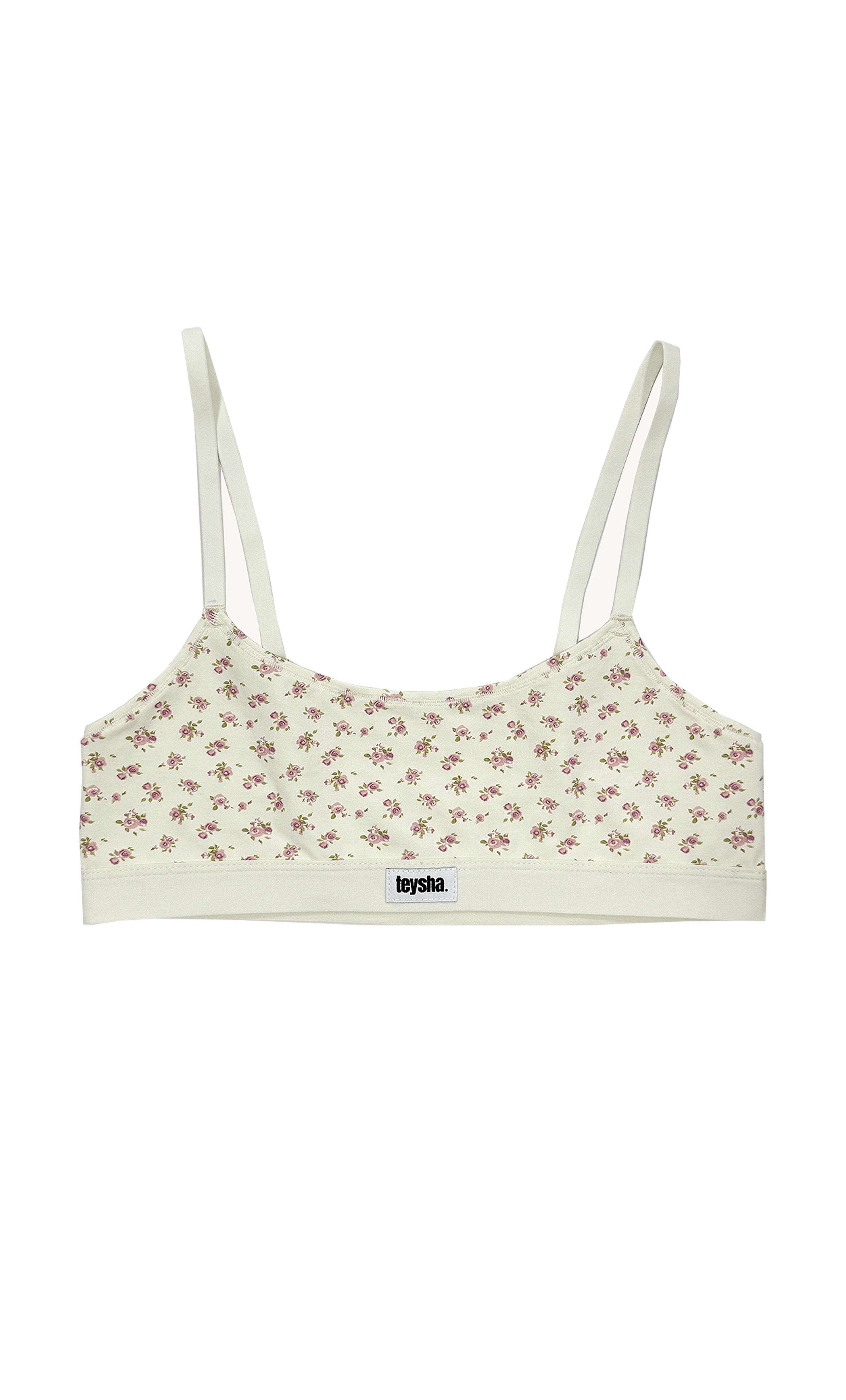 teysha organic cotton crop top bra in vintage rose floral print, front view
