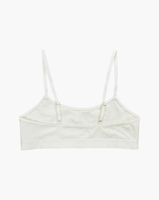 Teysha organic cotton crop top training bra in off-white, back view showing adjustable fastening — GOTS-certified first bra for tween girls