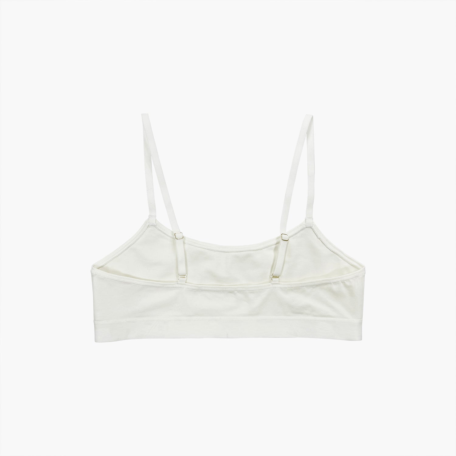 Teysha organic cotton crop top training bra in off-white, back view showing adjustable fastening — GOTS-certified first bra for tween girls