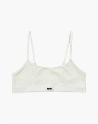 Teysha organic cotton crop top training bra in off-white, front view — soft, breathable GOTS-certified first bra for tween girls