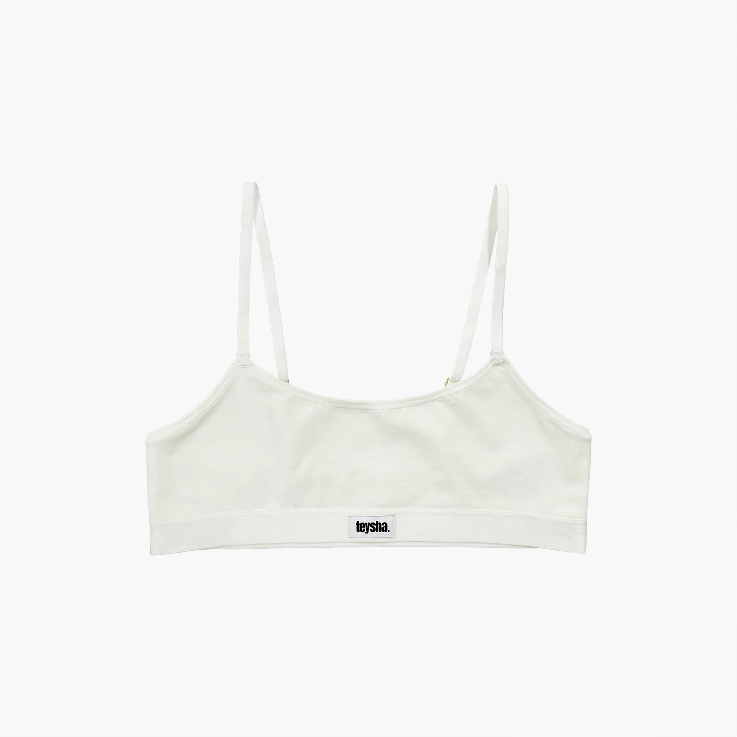 Teysha organic cotton crop top training bra in off-white, front view — soft, breathable GOTS-certified first bra for tween girls