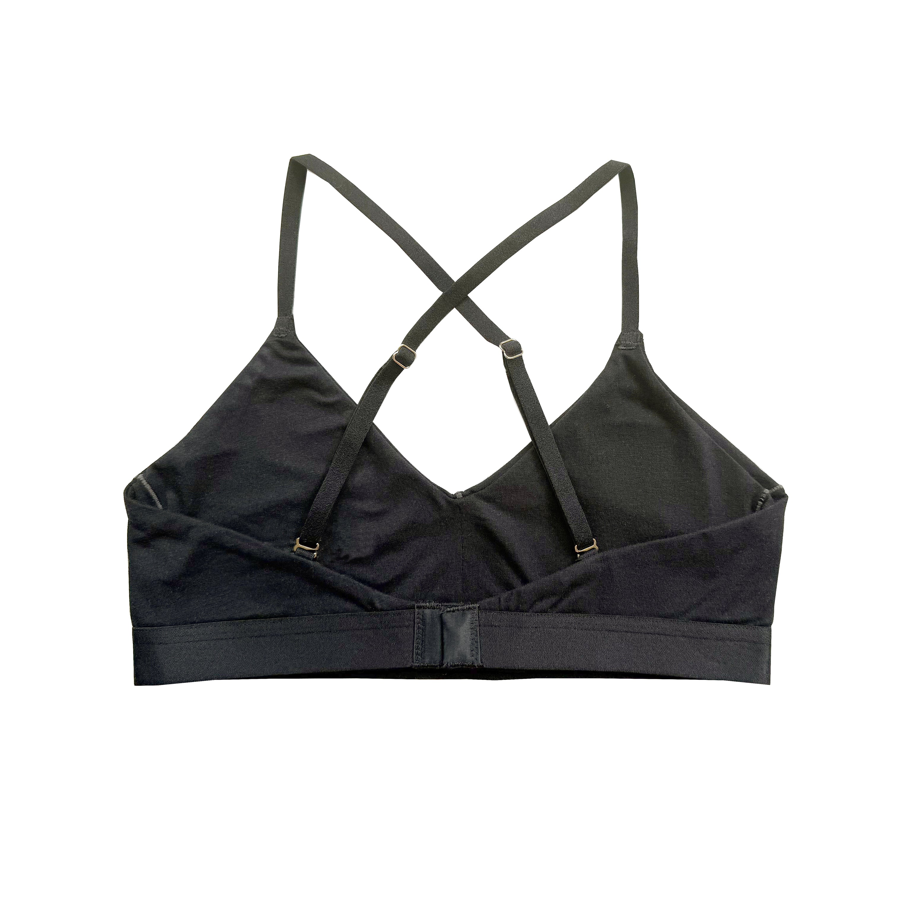 teysha organic cotton soft cup bra in black, back view showing crossover straps