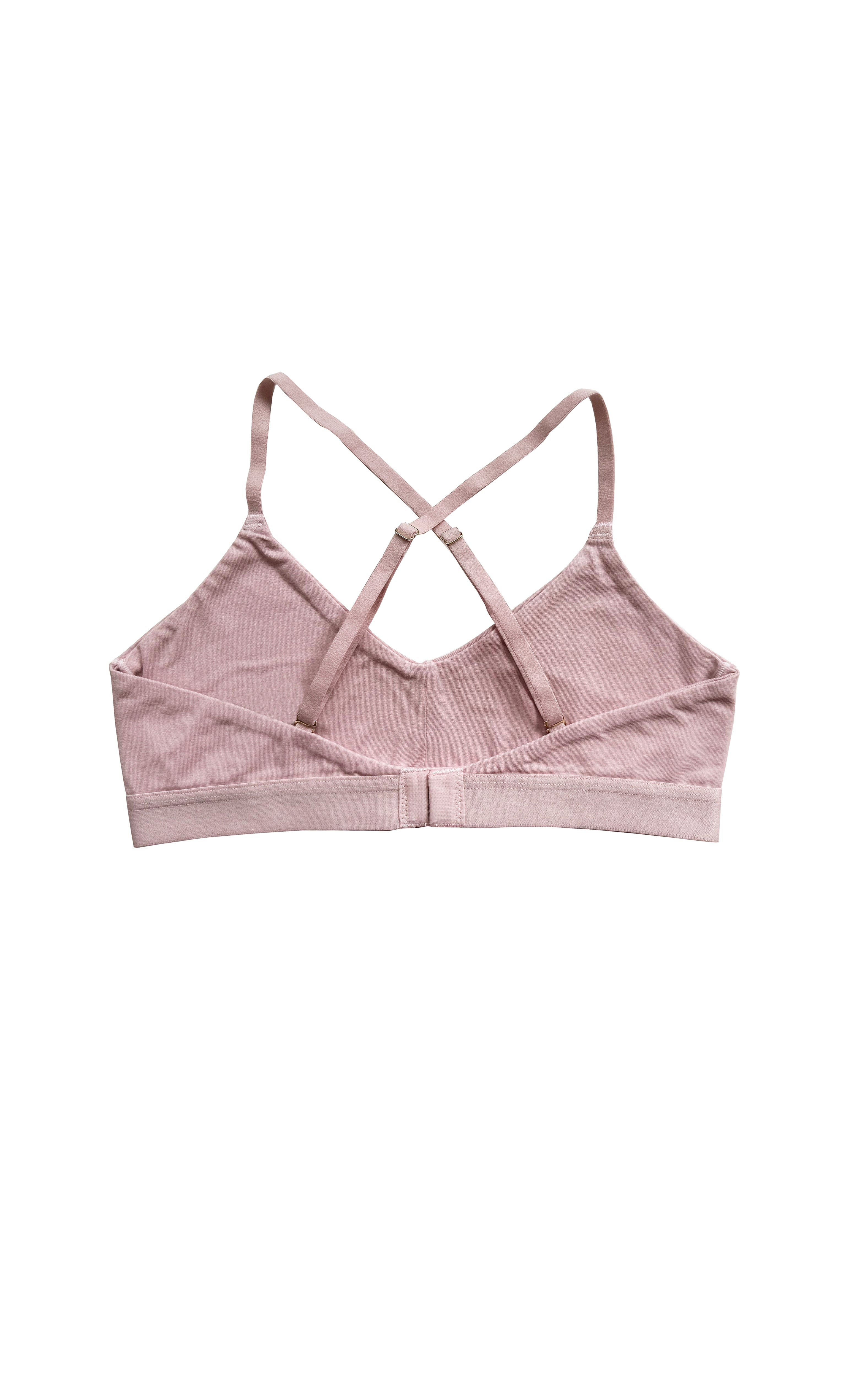 teysha organic cotton soft cup bra in dusty pink, back view showing crossover straps