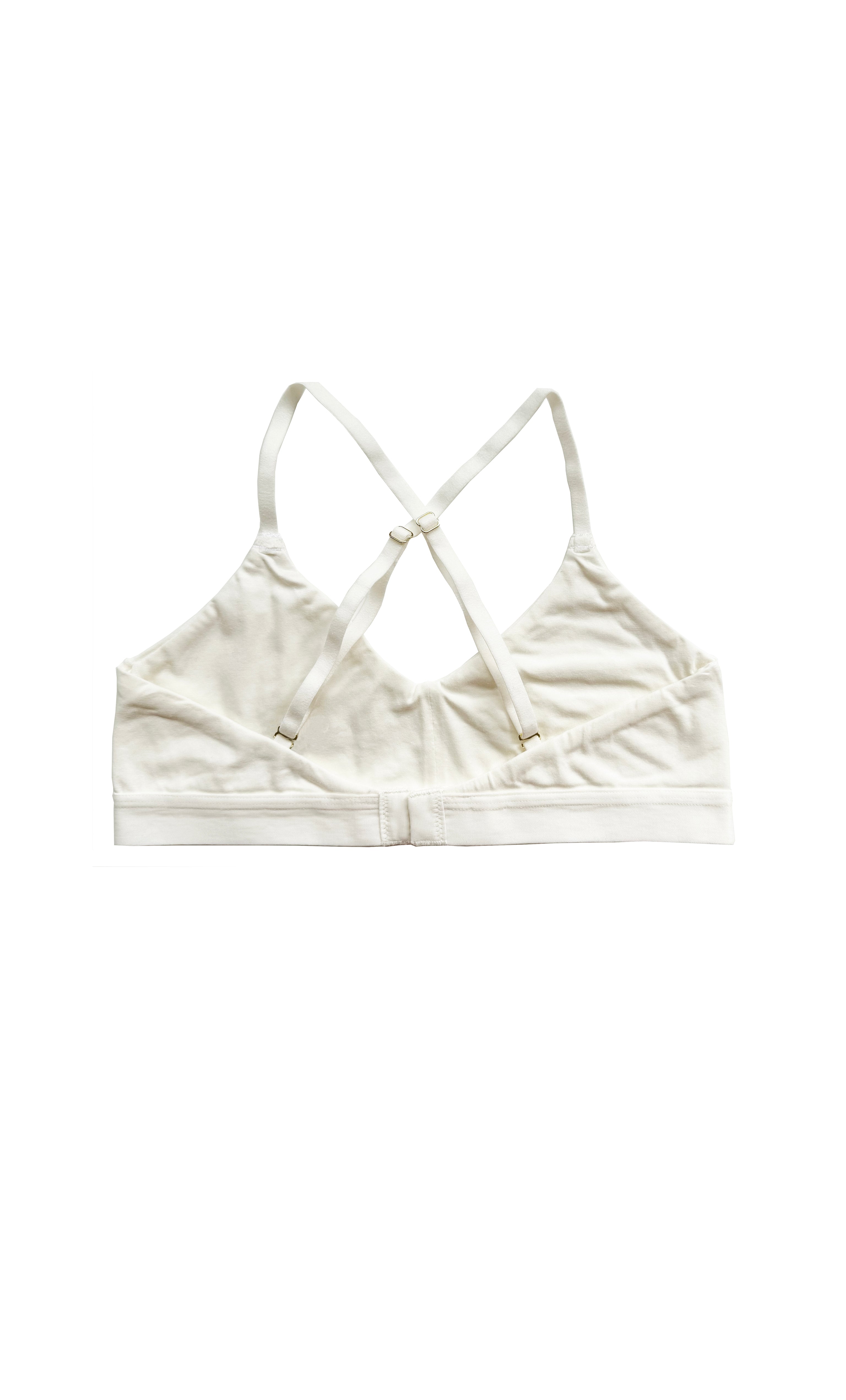 teysha organic cotton soft cup bra in off-white, back view showing crossover straps