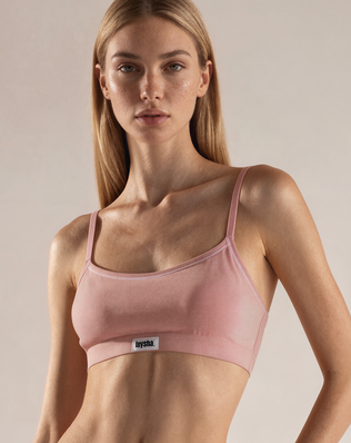 teysha organic cotton crop top bra in dusty pink, on model front view