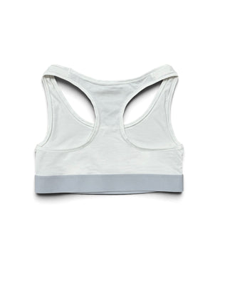 teysha organic cotton sports bra in white, flat lay front view