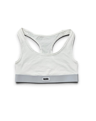 teysha organic cotton sports bra in white, racerback view