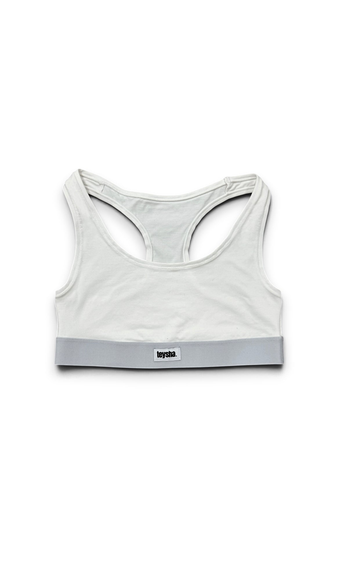 teysha organic cotton sports bra in white, racerback view