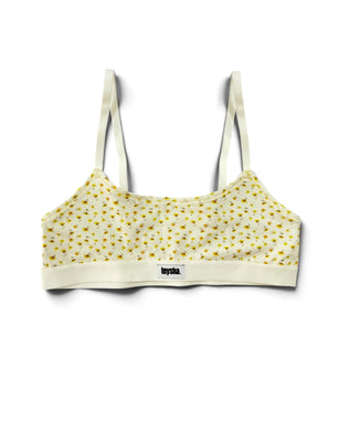 teysha organic cotton crop top bra in buttercup yellow print, flat lay – first bra for tweens and teens