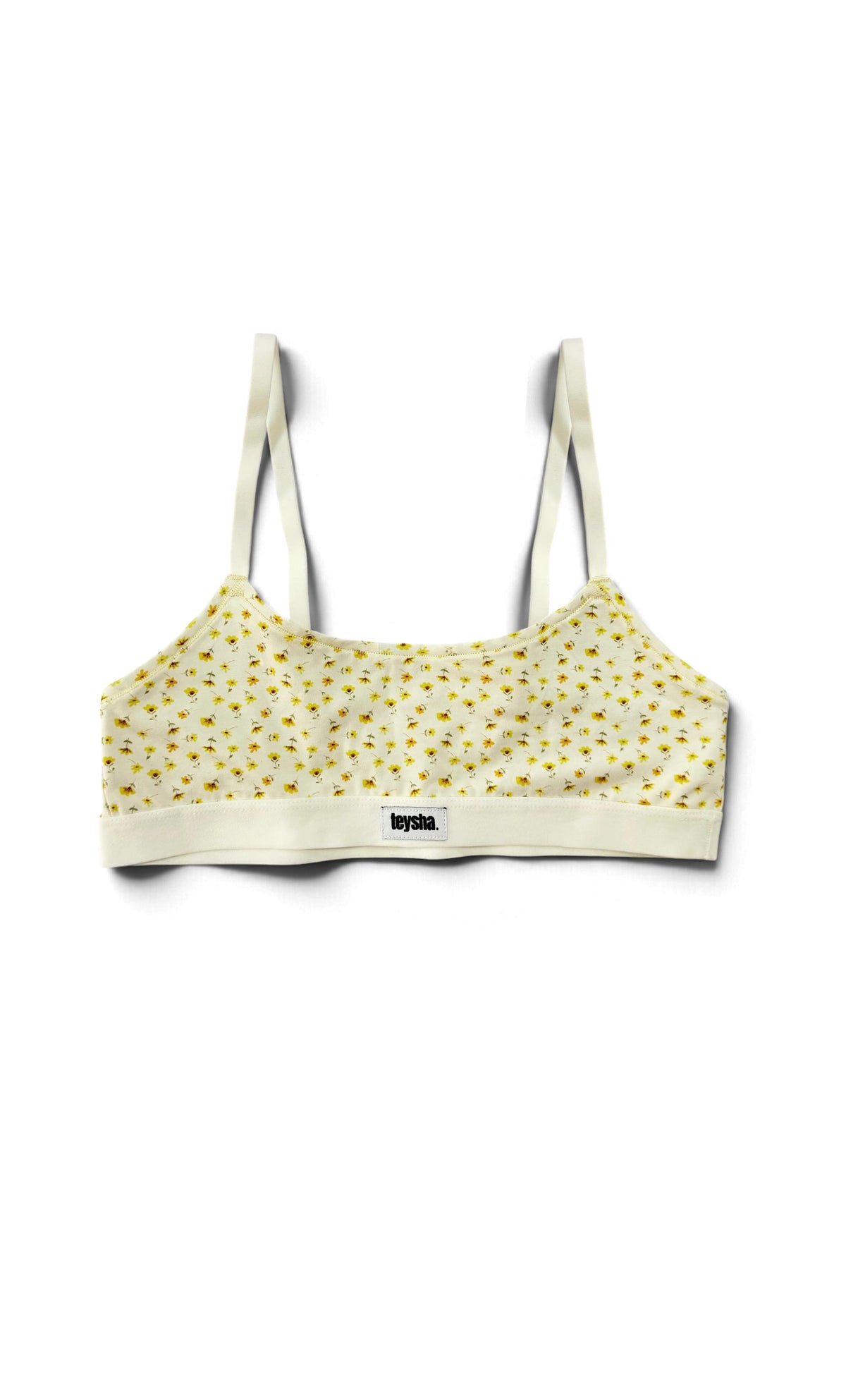 teysha organic cotton crop top bra in buttercup yellow print, flat lay – first bra for tweens and teens