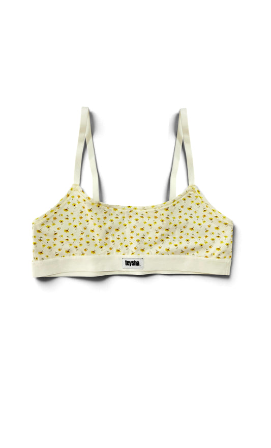 teysha organic cotton crop top bra in buttercup yellow print, flat lay – first bra for tweens and teens