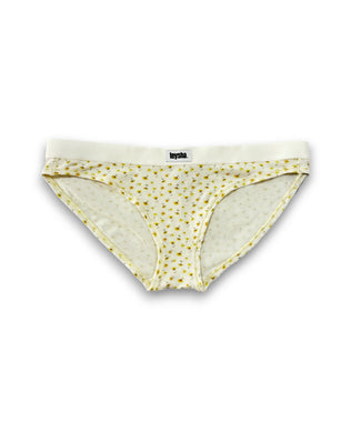 teysha organic cotton low-rise briefs in buttercup yellow print, flat lay – for tweens and teens