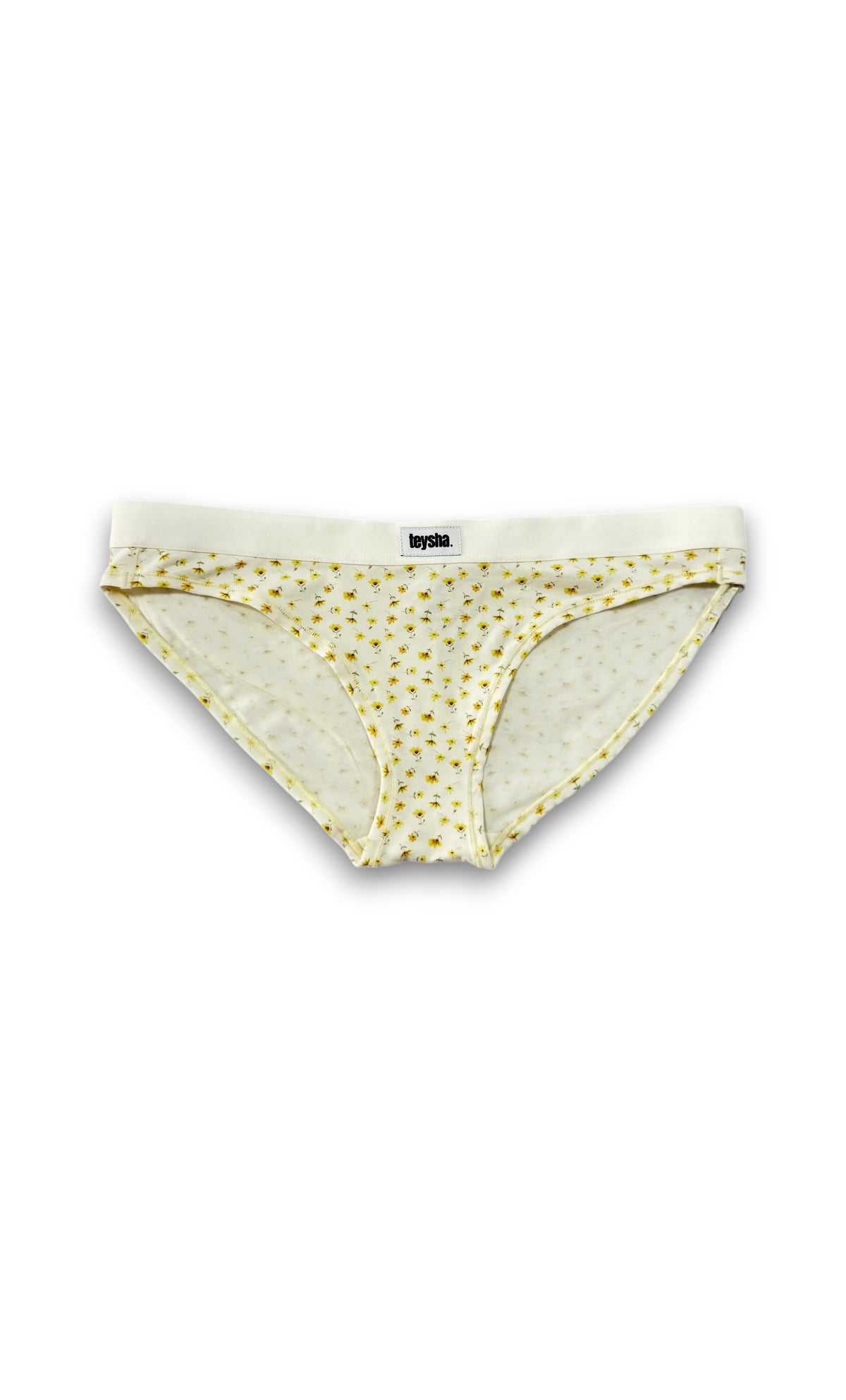 teysha organic cotton low-rise briefs in buttercup yellow print, flat lay – for tweens and teens