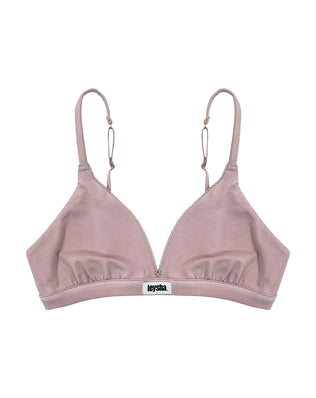 Teysha organic cotton triangle bra in dusty pink, front view — wire-free, GOTS-certified first bra for tween girls