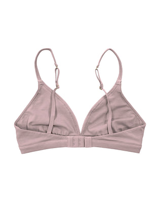 Teysha organic cotton triangle bra in dusty pink, back view showing adjustable straps — wire-free, GOTS-certified first bra for tween girls