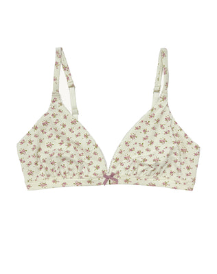 Teysha organic cotton triangle bra in vintage rose floral print, front view — wire-free with bow detail, GOTS-certified first bra for tween girls