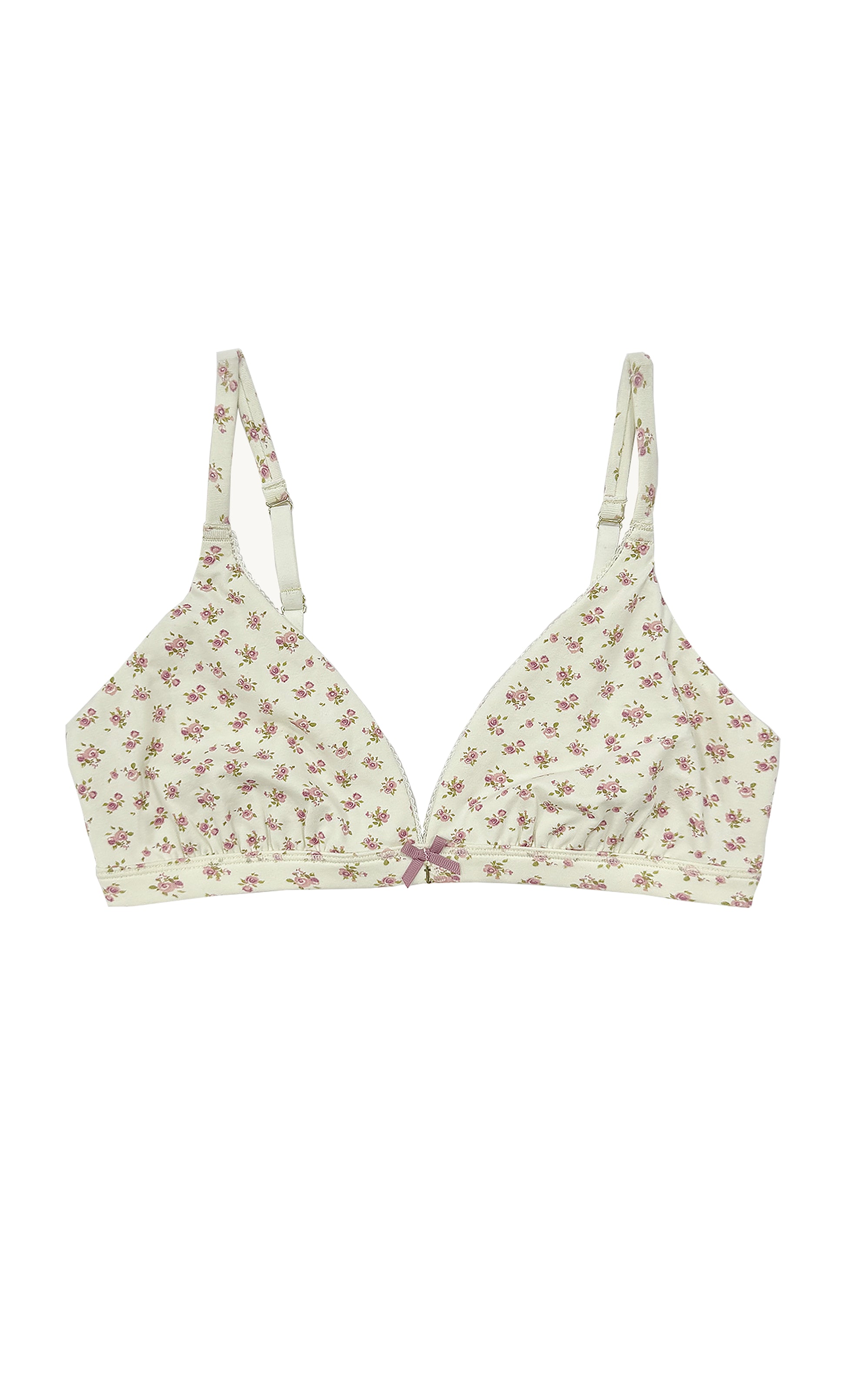 Teysha organic cotton triangle bra in vintage rose floral print, front view — wire-free with bow detail, GOTS-certified first bra for tween girls
