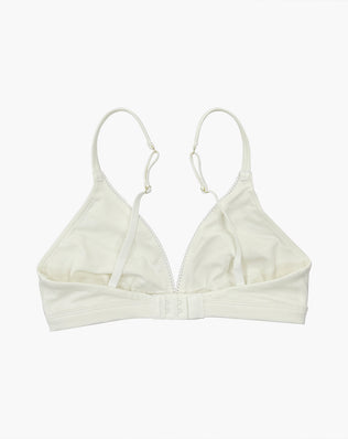 Teysha organic cotton triangle bra in cloud white, back view showing adjustable straps — wire-free, GOTS-certified first bra for tween girls