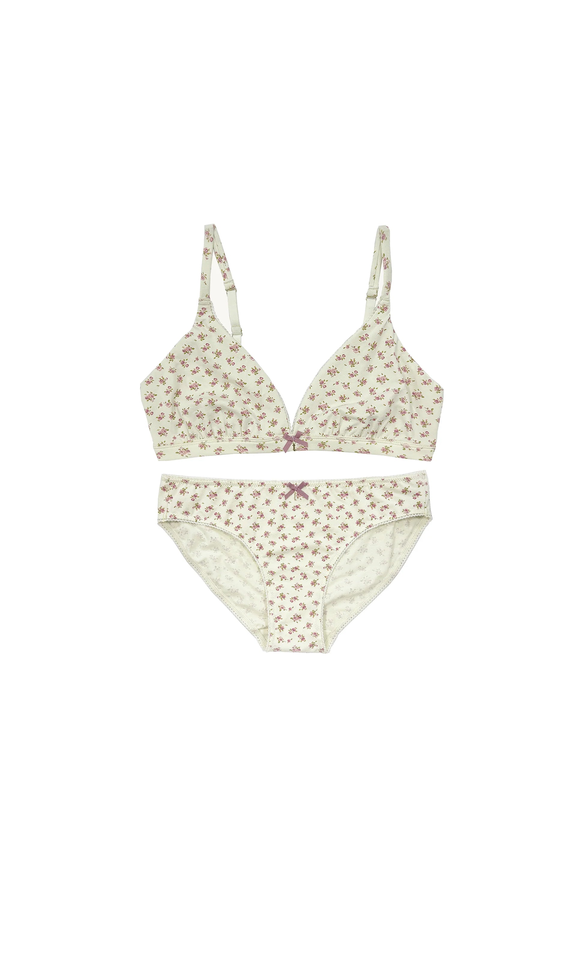 teysha organic cotton triangle bra and matching picot edge bikini briefs in vintage rose floral print, flat lay