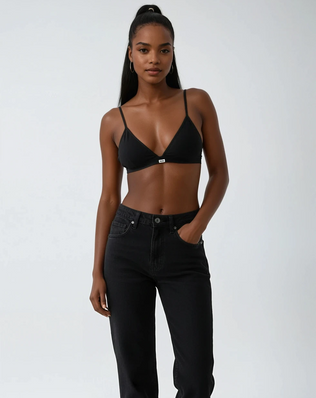 Organic cotton triangle bralette in classic black — wireless wire-free soft-cup bra, GOTS-certified breathable everyday lingerie by Teysha Australia, hypoallergenic intimates for sensitive skin