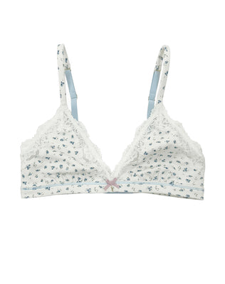 Teysha organic cotton triangle lace bra in ditsy floral print, front view — wire-free with delicate lace trim and bow detail, GOTS-certified first bra for tween girls