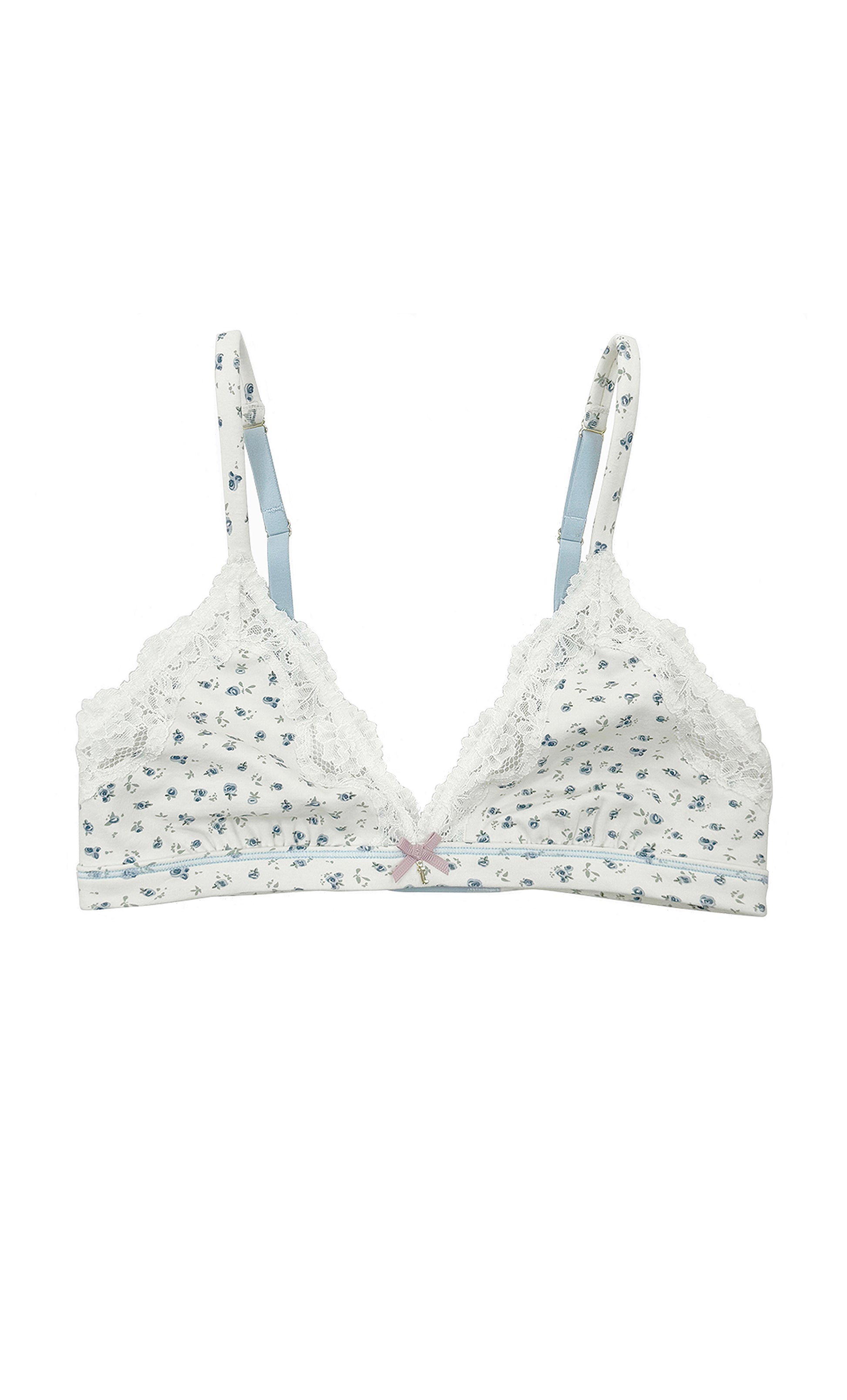 Teysha organic cotton triangle lace bra in ditsy floral print, front view — wire-free with delicate lace trim and bow detail, GOTS-certified first bra for tween girls