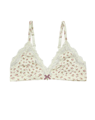 Teysha organic cotton triangle lace bra in vintage rose floral print, front view — wire-free with delicate lace trim, GOTS-certified first bra for tween girls
