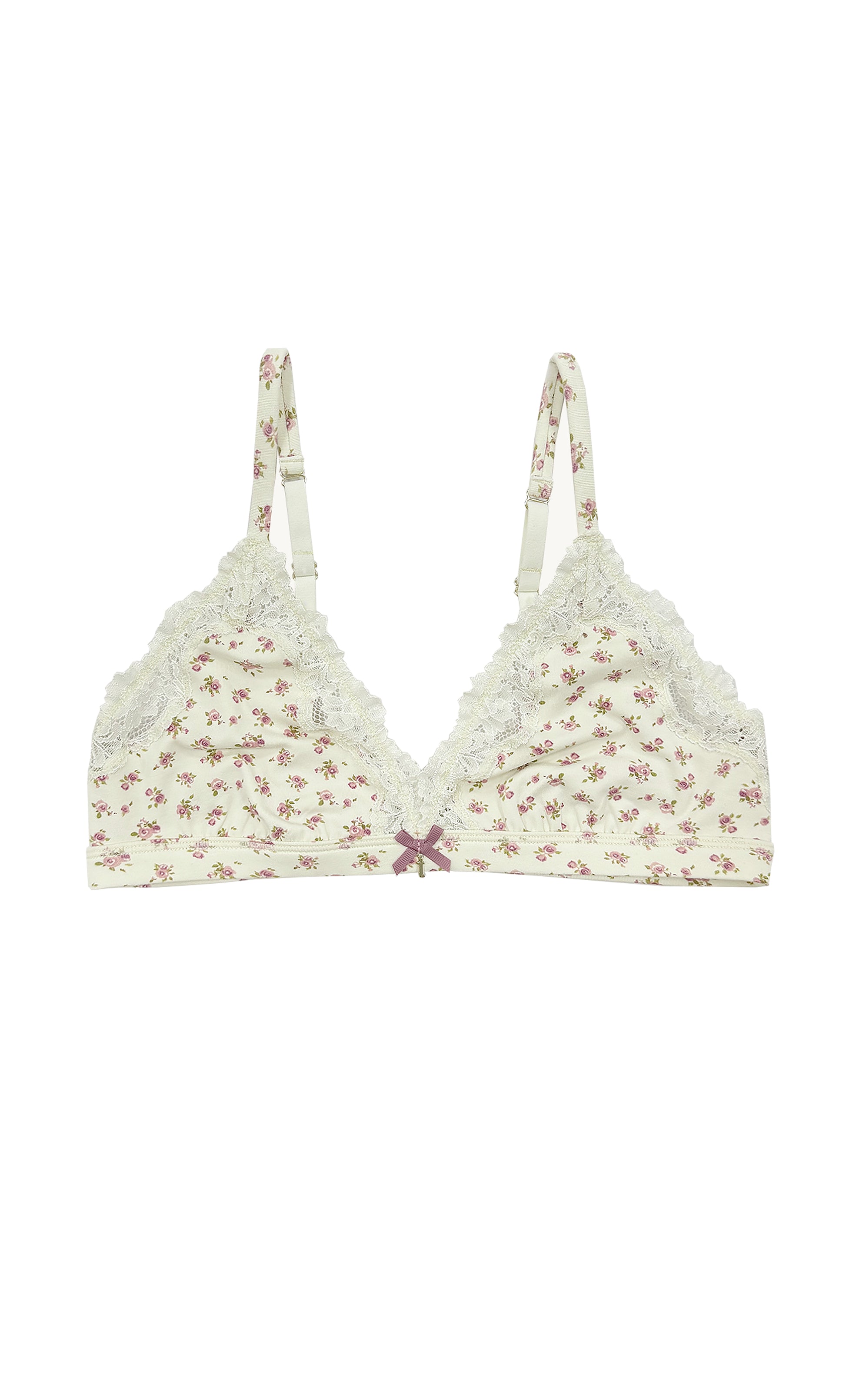 Teysha organic cotton triangle lace bra in vintage rose floral print, front view — wire-free with delicate lace trim, GOTS-certified first bra for tween girls