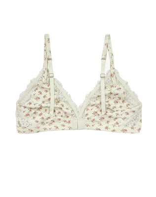 Teysha organic cotton triangle lace bra in vintage rose floral print, back view showing adjustable straps — wire-free, GOTS-certified first bra for tween girls