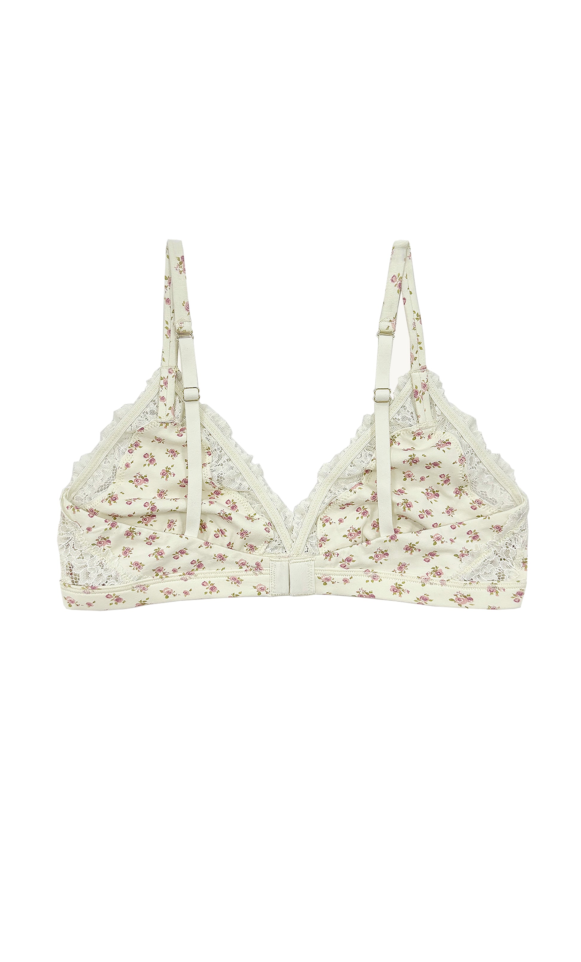 Teysha organic cotton triangle lace bra in vintage rose floral print, back view showing adjustable straps — wire-free, GOTS-certified first bra for tween girls