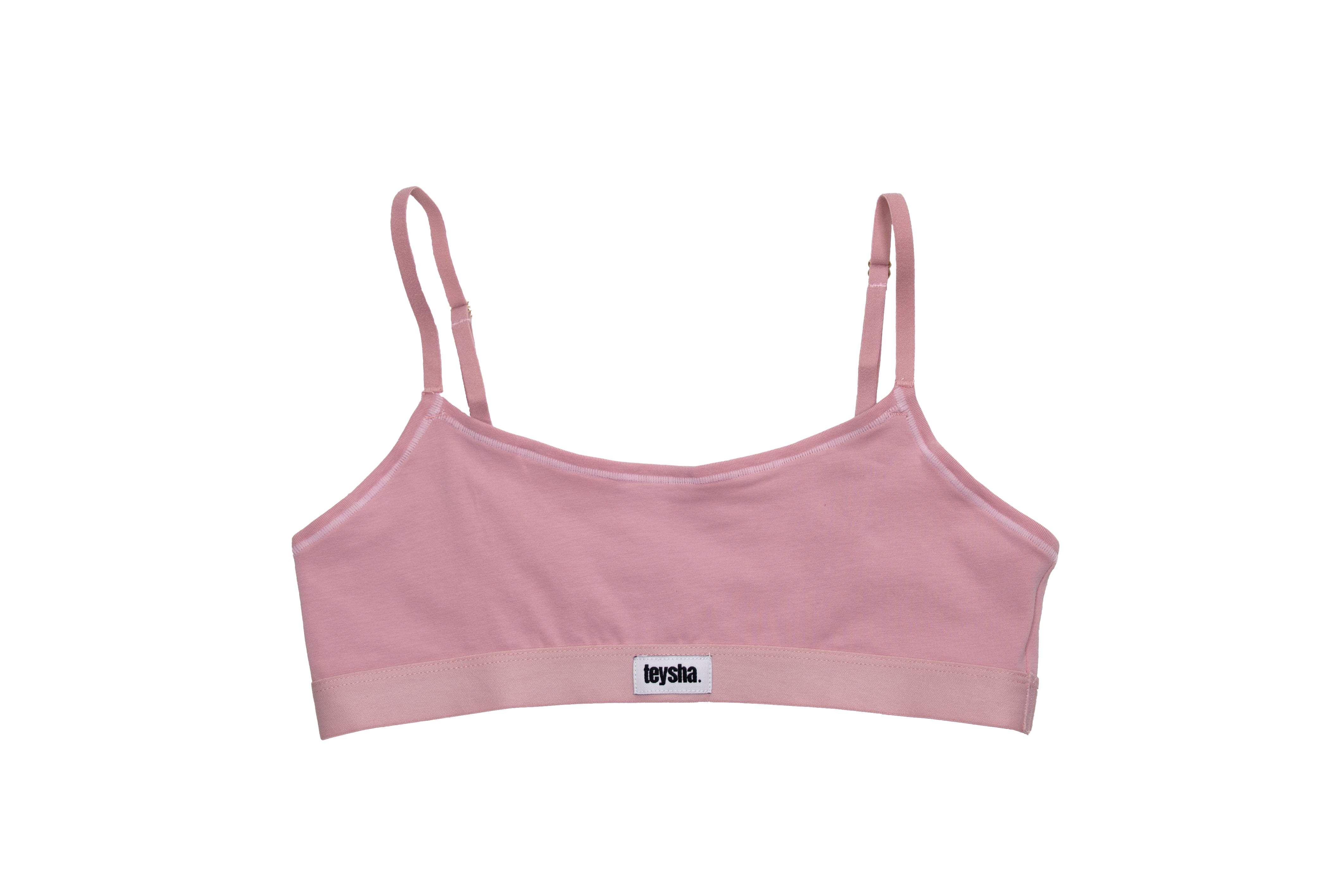 teysha organic cotton crop top bra in dusty pink, flat lay front view