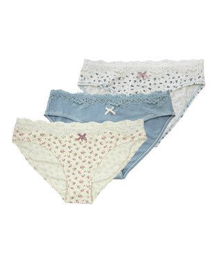 Three-pack of organic cotton lace bikini briefs in mixed colours — GOTS-certified women's underwear with delicate lace waistband trim, breathable hypoallergenic everyday basics by Teysha Australia for sensitive skin