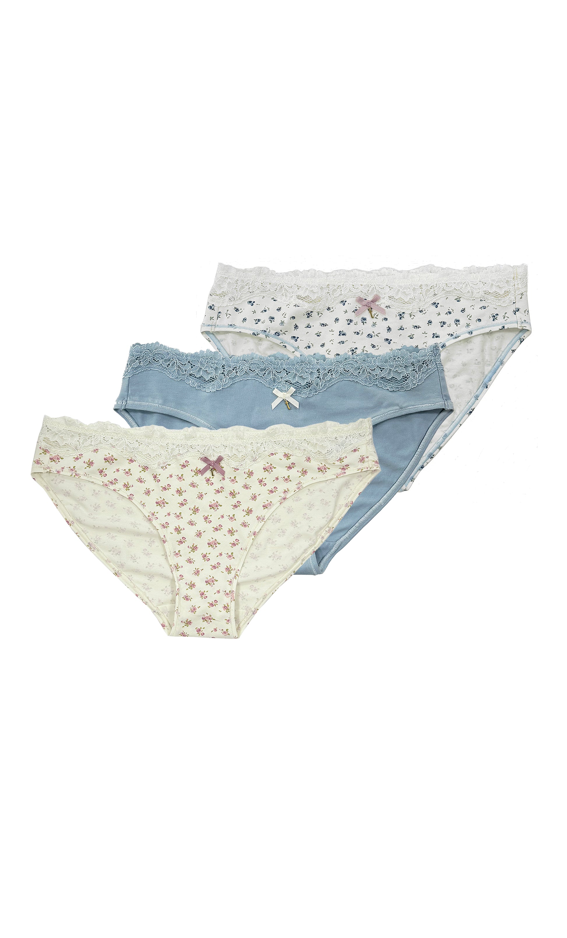 Three-pack of organic cotton lace bikini briefs in mixed colours — GOTS-certified women's underwear with delicate lace waistband trim, breathable hypoallergenic everyday basics by Teysha Australia for sensitive skin
