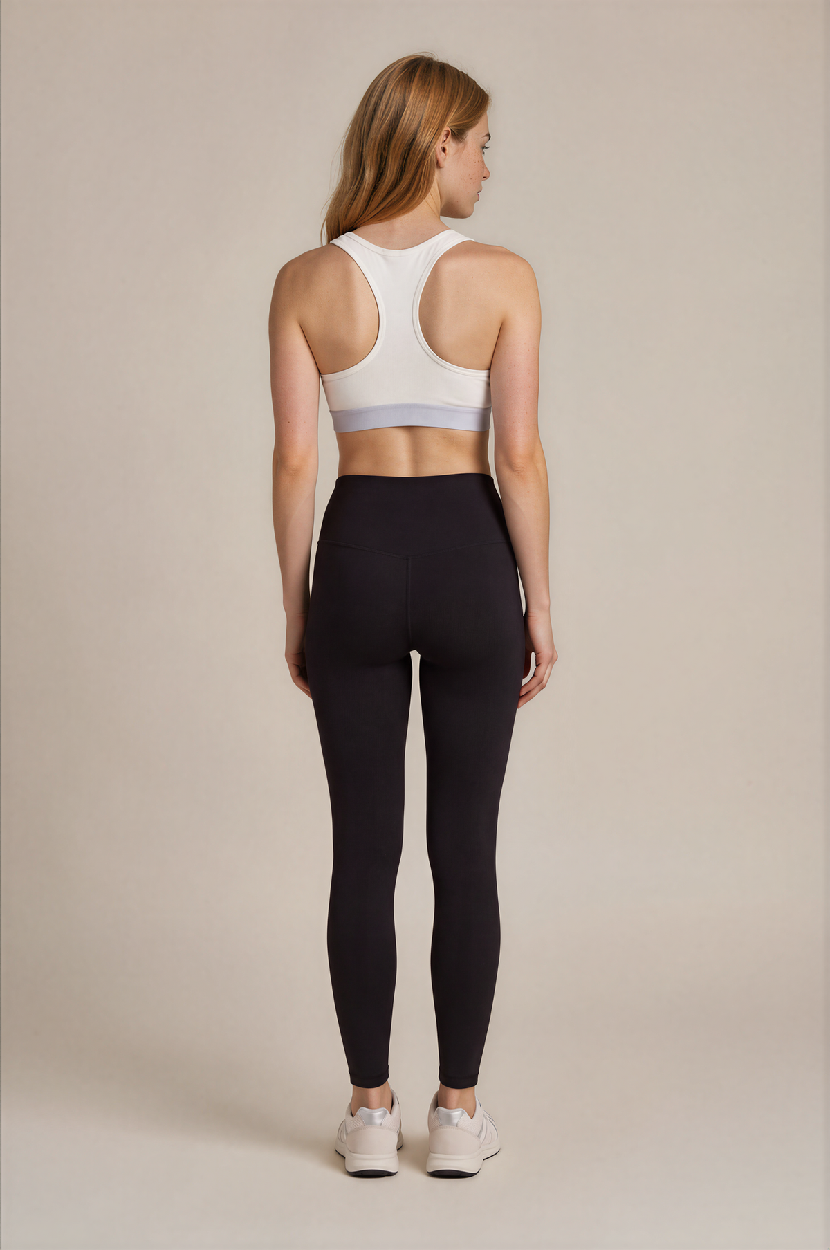 teysha organic cotton sports bra in white, racerback view on model