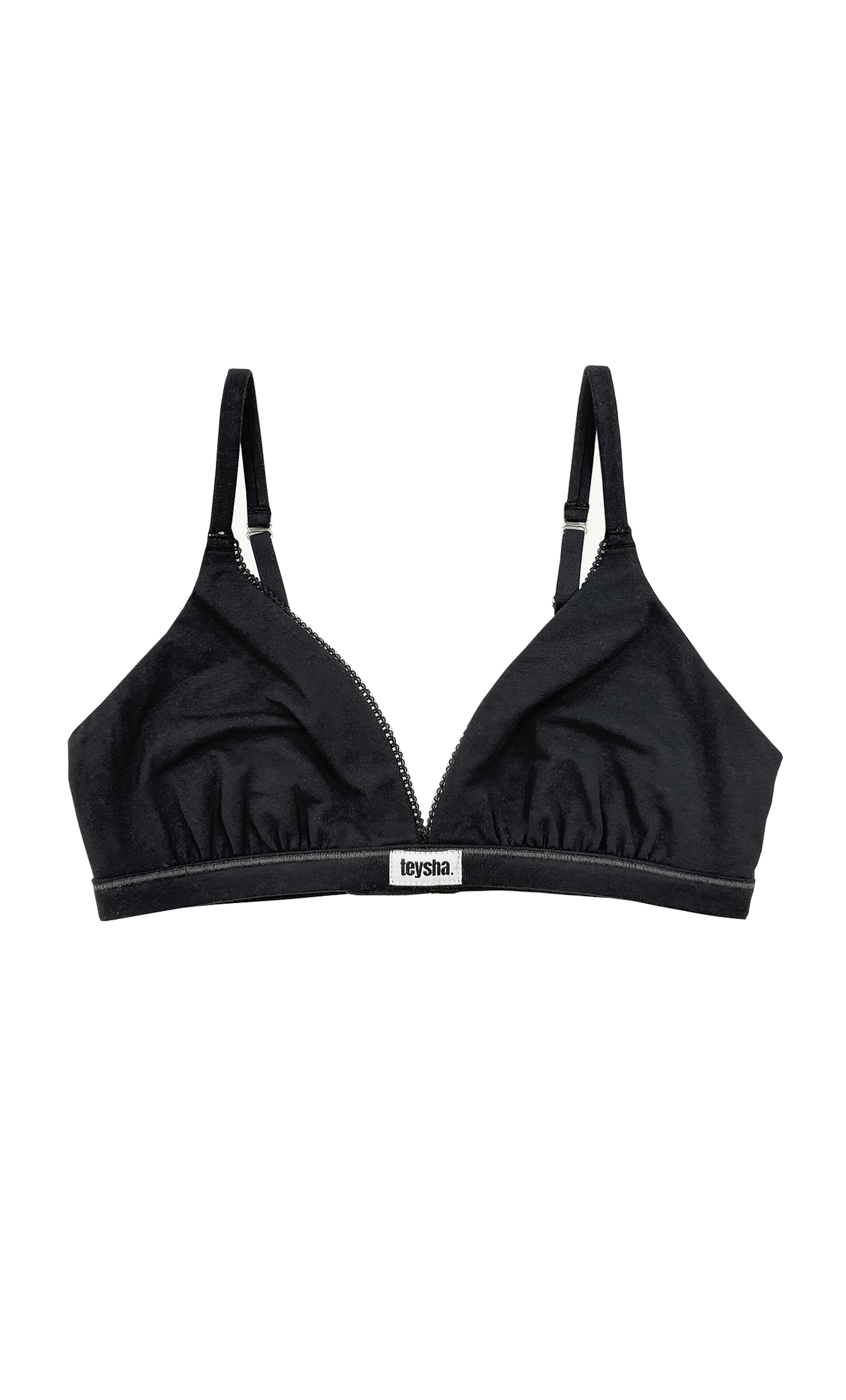 teysha organic cotton triangle bra in black, front view showing teysha logo waistband – for teen girls